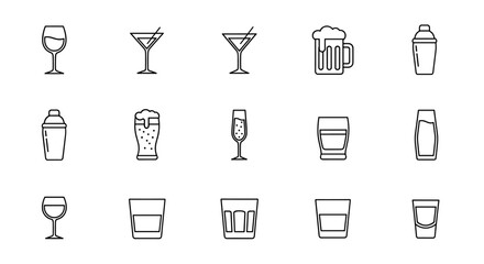 Collection of minimalist black line art icons representing various alcoholic beverages and bar tools, including wine glasses, martini glasses, beer mugs, champagne flutes, shot glasses, and cocktail
