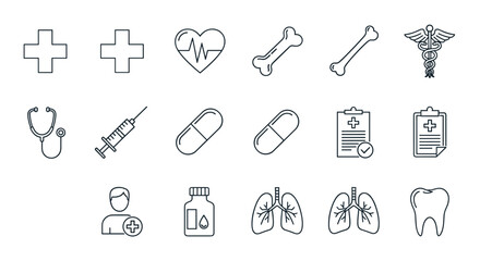 A comprehensive collection of minimalistic linear medical icons, featuring essential healthcare symbols like crosses, a heartbeat line within a heart, bones, a caduceus, stethoscope, syringe, pills
