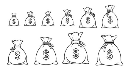 Collection of Outline Money Bags with Dollar Signs, Editable Stroke Vector Cartoon Illustrations Perfect for Infographics, Articles, Books, Flyers, and Banners, Symbolizing Wealth and Finance