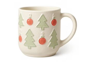 Cream ceramic christmas mug with textured green pine trees and red ornament decorations on transparent background