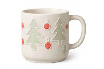 White ceramic christmas mug with embossed green trees and red ornaments, perfect for holiday beverages, on a transparent background