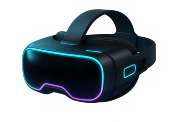 Virtual reality headset rendering in dark with neon glowing lights showing future gaming and metaverse technology