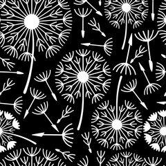 Seamless pattern of white dandelions on a black background. A set of colored flowers. Hand drawn. Not AI vector illustration