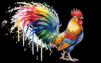 Fototapeta premium Vibrant Rooster Art with Colorful Watercolor Splash and Splatter Tail, a Dynamic and Expressive Animal Illustration