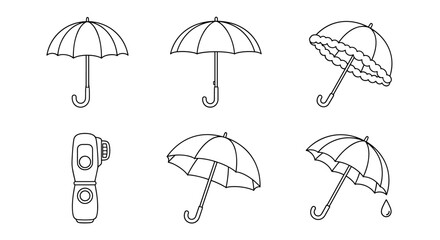 Collection of six outline illustrations of umbrellas and a rain gauge, featuring various styles including a decorative ruffled edge umbrella, a classic bumbershoot, and a simple parasol, all on a