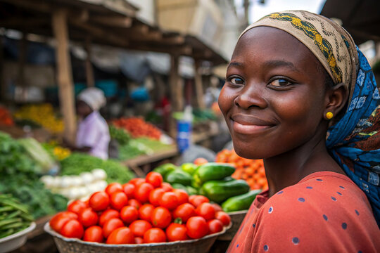 Portrait of a girl selling tomatoes and vegetables at a typical local African market