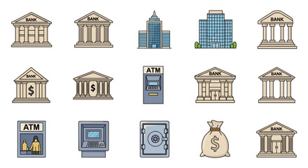 Collection of bank building illustrations, including traditional and modern architecture, ATMs, and a money bag, perfect for infographics, articles, books, flyers, and banners. This vector cartoon