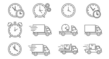 Collection of outline icons representing time and delivery services, featuring various clock designs, alarm clocks, and trucks in motion, suitable for graphic design, web, apps, and advertising on a