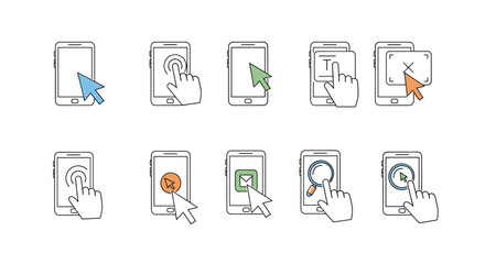 Set of minimalistic vector icons and pictograms depicting various smartphone interactions and cursor actions, perfect for web design, app interfaces, social media banners, and graphic design