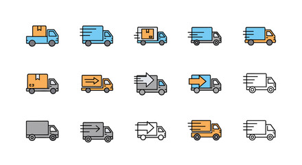 Collection of stylized delivery truck icons, featuring various designs like trucks with boxes, speed lines, and directional arrows, in a vibrant, cartoonish vector illustration style, perfect for UI