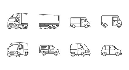 Collection of thin line icons representing various delivery vehicles including trucks, vans, and cars, perfect for web, books, cards, and apps, featuring editable strokes for versatile design