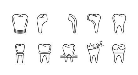 Dental Crown Line Icon Pack: A collection of outline signs for graphic and web design, apps, adverts, and various cards, featuring a cartoon illustration of healthy and damaged teeth, including a