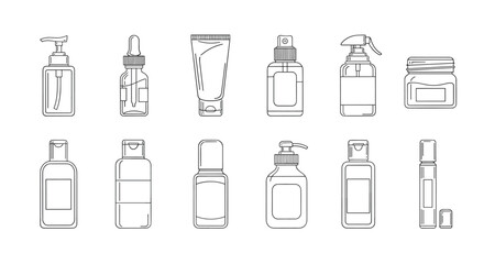 Collection of minimalistic thin outline icons representing various cosmetic bottles and containers, including pump dispensers, dropper bottles, tubes, spray bottles, and jars, perfect for web design