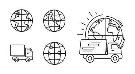Set of outline icons representing global delivery and logistics, featuring stylized globes with continents and trucks, suitable for web design, app interfaces, advertising, and various graphic