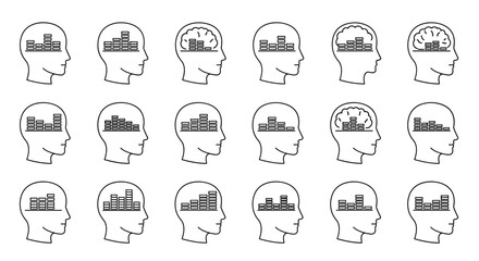 Set of vector illustrations depicting a human head profile with an equalizer or sound wave graphic inside, symbolizing thought processes, ideas, or mental states, presented in a clean, thin line art