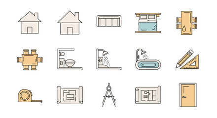 A collection of line icons representing various aspects of home building and interior design, including floor plans, plumbing, furniture, and architectural tools, presented in a clean, modern, and