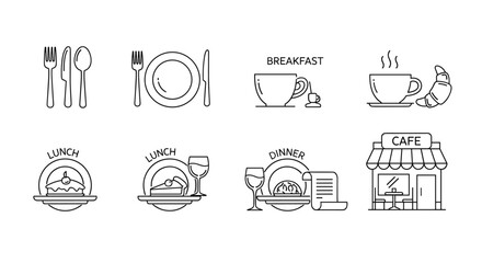 Collection of line art icons representing various dining experiences and food services, including cutlery, plates, breakfast, lunch, dinner, menus, and a cafe storefront, all presented on a clean
