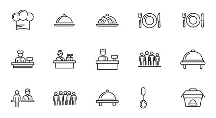 A clean and modern line icon set representing various aspects of food service and dining, including a chef's hat, covered dishes, place settings with cutlery, restaurant staff at counters, and groups