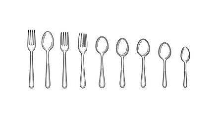 Collection of thin line icons of forks and spoons in various sizes, perfect for web, books, cards, and apps. This editable stroke vector cartoon illustration features a clean white background, ideal