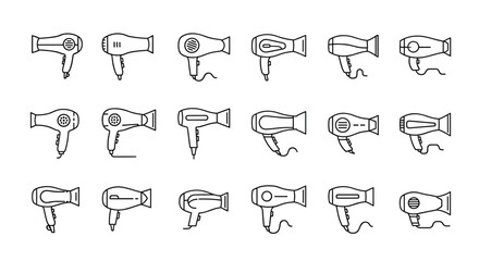 Collection of minimalistic linear pictograms representing various hairdryer models, perfect for web and graphic design, apps, banners, social networks, and cards. This vector cartoon illustration