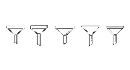 Set of five distinct line art funnel icons isolated on a clean white background, showcasing variations in shape and design for versatile graphic applications, ideal for digital and print media