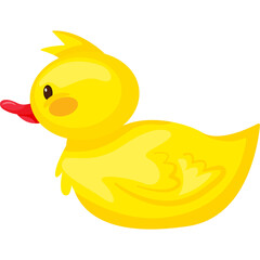 Yellow rubber duck toy floating with red beak and cute eyes against a clean white background ideal for children's bath time play and nursery decor