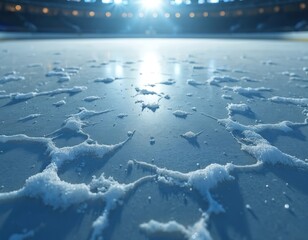 Ice rink surface detail at arena. Artificial ice with frozen water texture. Shiny ice with stadium lights at backdrop. Winter sport, ice skating and hockey background texture.