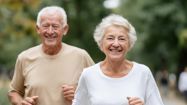 Joyful elderly couple walking together in park nature scene for wellness inspiration