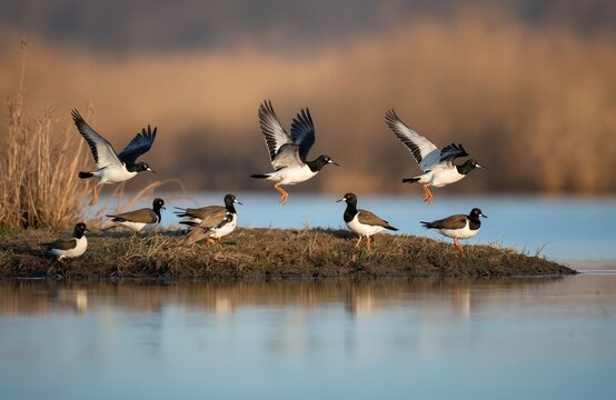 Northern Lapwing birds in flight and standing near water. They have black heads white chests and iridescent green backs. Birds rest near calm water with dry grass and brown plants background.