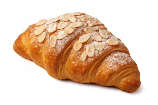 Golden almond croissant with powdered sugar detail on transparent background, fresh baked breakfast pastry