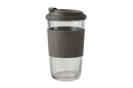 Glass travel mug with grey silicone sleeve showing christmas trees and ornaments, ideal for hot coffee or tea