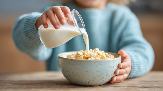 Child pouring milk into cereal bowl for breakfast preparation