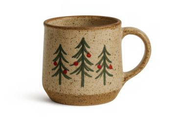 Rustic ceramic mug displaying simple christmas tree art with red berries, a cozy holiday hot beverage concept