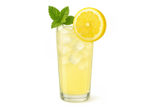 Lemonade glass with ice and a lemon slice, refreshing summer drink, transparent background, clipping path