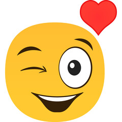 Yellow smiley face winking with a red heart above its head on a transparent background expressing affection and happiness
