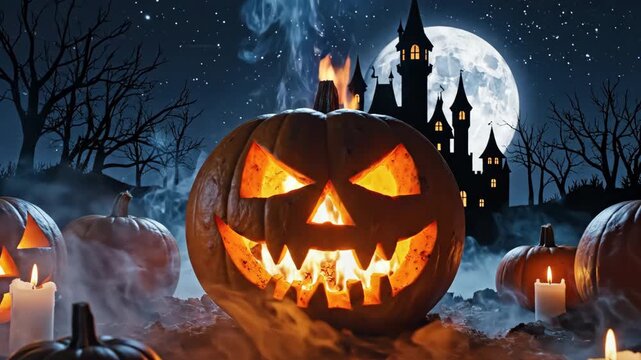 Spooky Halloween pumpkins with a haunted castle and full moon illuminate a dark night with eerie mist for holiday celebration and decoration - Powered by Adobe
