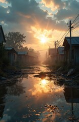 Flooded village street at sunset. Waterlogged road with houses on both sides. Sun sets through clouds casting golden light. Trees, power lines along street. Debris, leaves float on water surface.