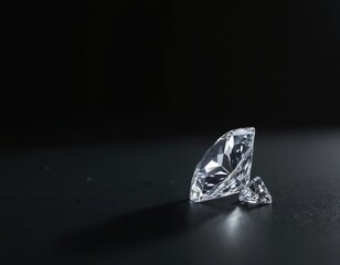 Two sparkling faceted diamonds rest on dark surface. One large gem, one small stone, shiny, brilliant, reflecting light, luxury, clean, pure material.