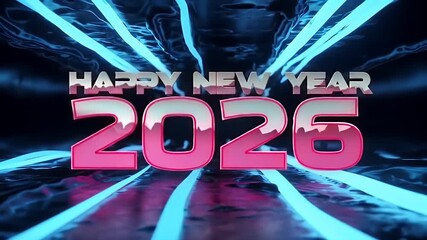 Cinematic push-in revealing Happy New Year 2026 futuristic neon typography with electric blue purple light trails on sleek reflective surfaces - Powered by Adobe