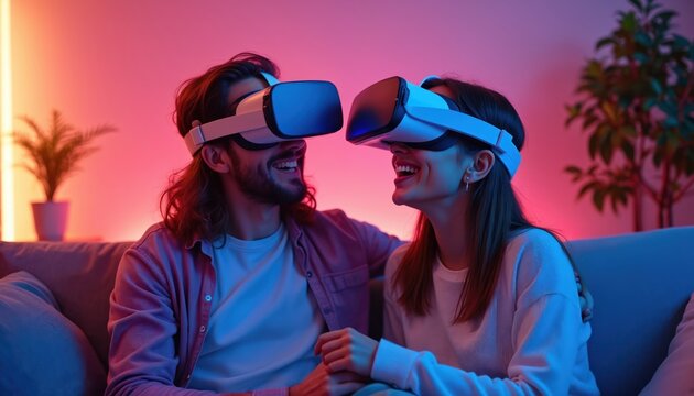 Couple wears VR headsets for virtual reality date night. Young people laugh and connect in a futuristic digital world. Enjoying shared virtual reality experience at home.