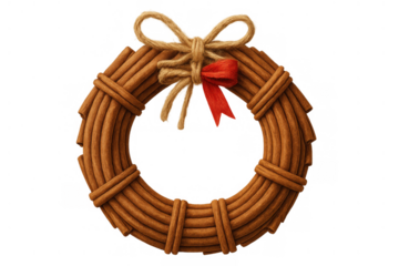 Holiday wreath made from cinnamon sticks, adorned with a red ribbon and rustic jute bow. Transparent background