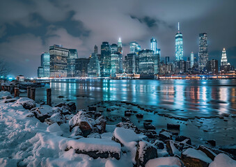 Feel the magic of New York covered in snow. &ldquo;Snowfall Over Manhattan&rdquo; captures the cinematic glow of winter nights over the East River, a perfect blend of city lights, reflection, and calm urban beaut