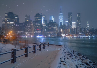 Feel the magic of New York covered in snow. &ldquo;Snowfall Over Manhattan&rdquo; captures the cinematic glow of winter nights over the East River, a perfect blend of city lights, reflection, and calm urban beaut
