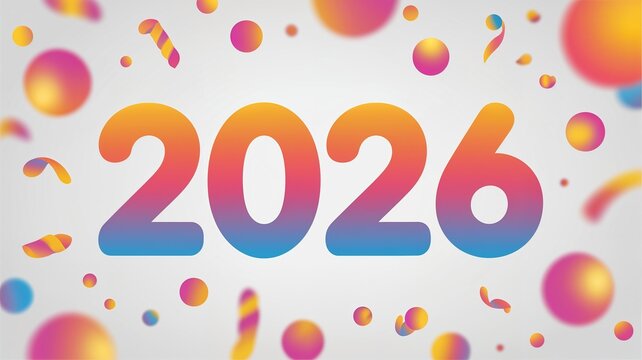 Bright and colorful gradient numbers 2026 floating with bokeh effect and confetti