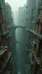 Old stone structures in ruin with overgrown vegetation. Narrow canyon pass between ancient abandoned buildings shrouded in mist. Historic lost city architecture, deep chasm below.