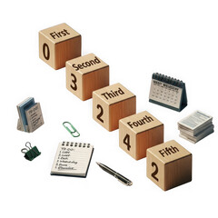 Wooden number blocks and office supplies arranged creatively on a transparent background isolated on transparent background