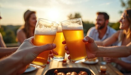 Friends raise glasses of beer to toast at outdoor barbeque party. People enjoy cold drinks, food, and good company during summer sunset. Casual gathering with pals.