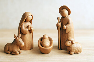 Wooden nativity figurines with natural grain texture and warm lighting on wood table for minimalist Christmas decoration display