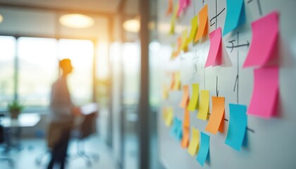 Flowchart of sticky notes on whiteboard visible. Colorful notes show collaboration, planning process in office. Person reading documents near message board with vibrant colorful adhesive papers.