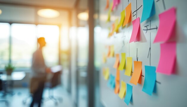 Flowchart of sticky notes on whiteboard visible. Colorful notes show collaboration, planning process in office. Person reading documents near message board with vibrant colorful adhesive papers.